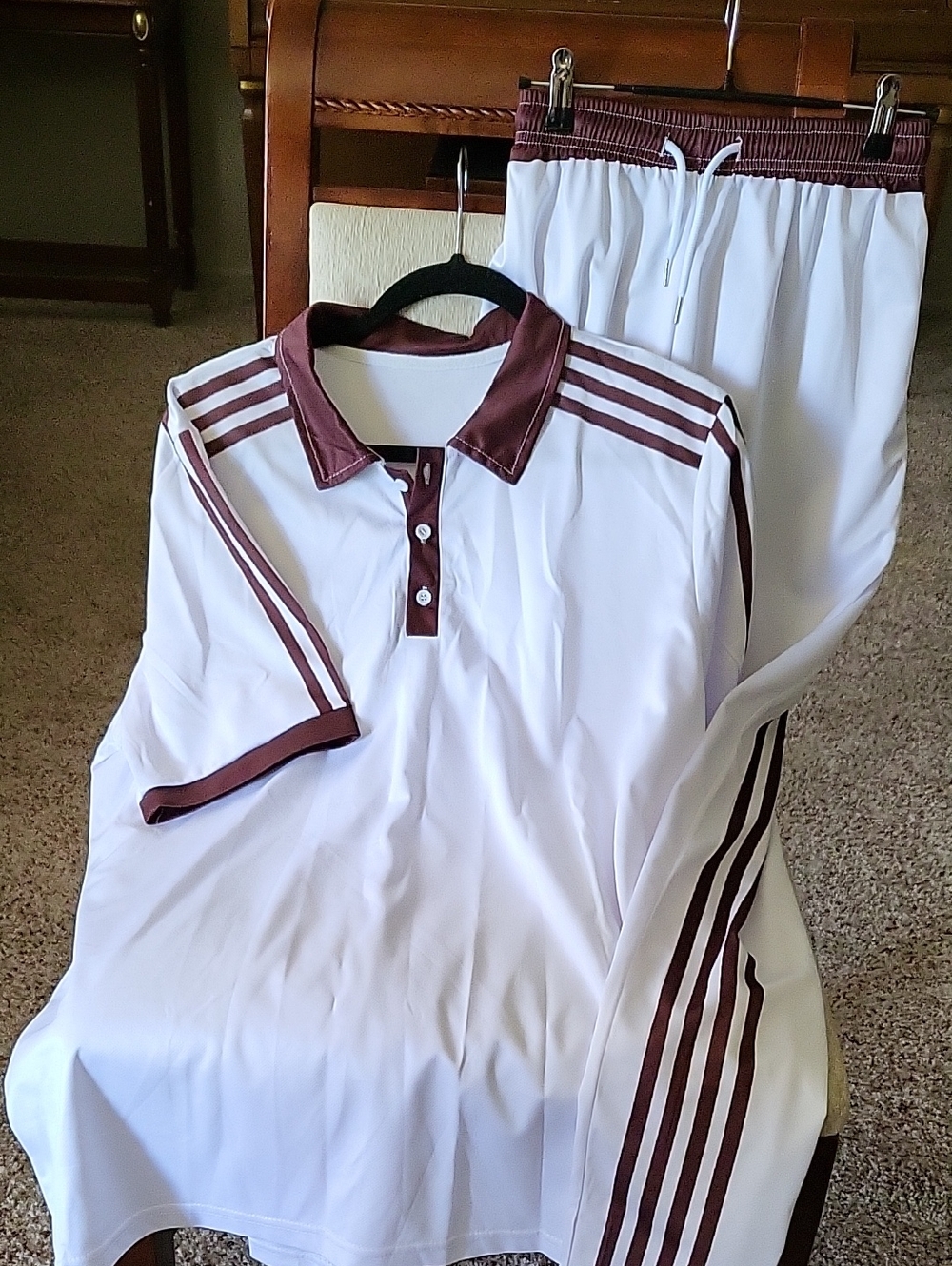 White Athletic Polo & Track Pants with Maroon Trim